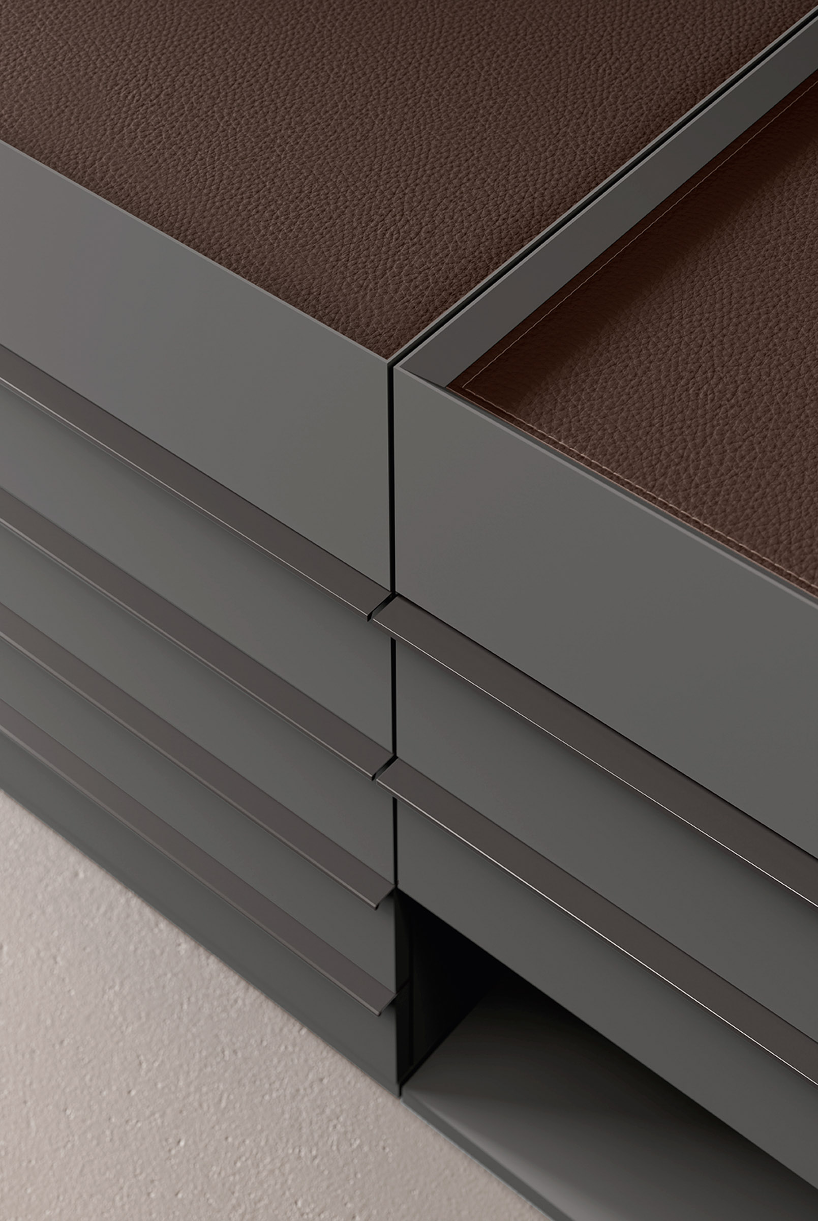 Detailed view of Eurocasa Hype wardrobe drawer corner with textured leather top panel. Detailed view of Eurocasa Hype wardrobe drawer corner with textured leather top panel.