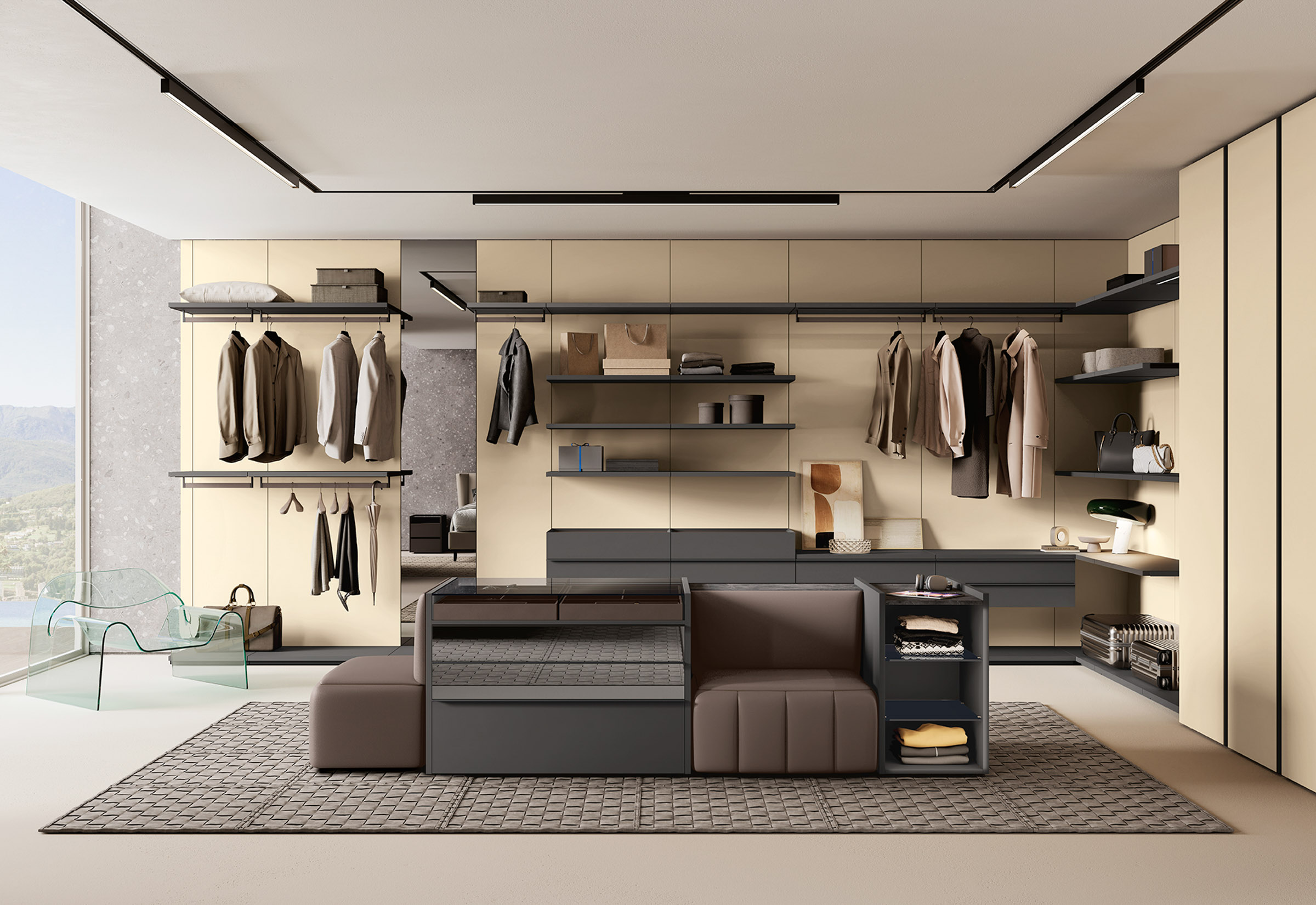 Modern Eurocasa Hype walk-in wardrobe with open shelving, hanging rails, and integrated seating in a luxury bedroom. Modern Eurocasa Hype walk-in wardrobe with open shelving, hanging rails, and integrated seating in a luxury bedroom.