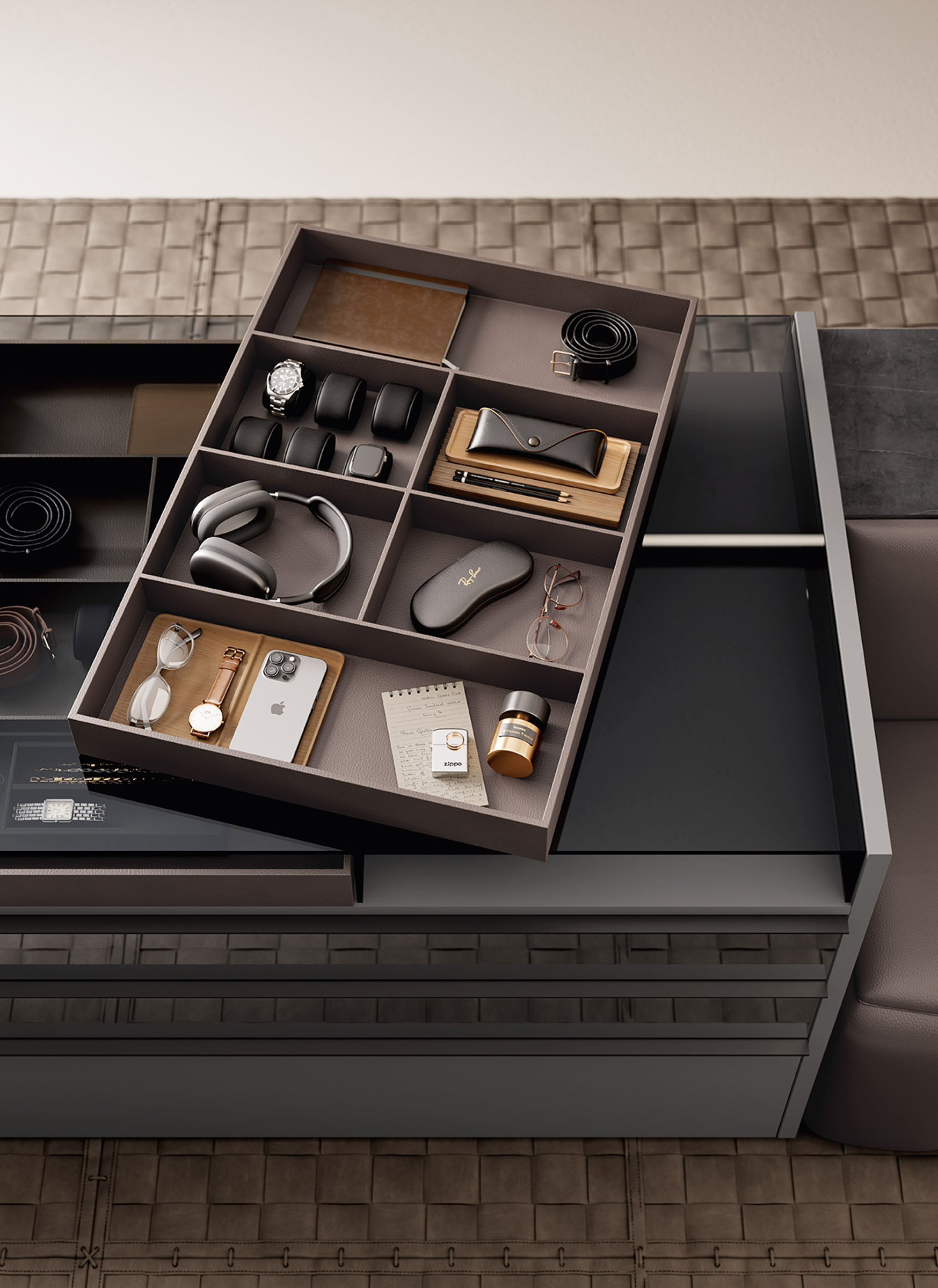 Modern Eurocasa walk-in wardrobe with open shelving, hanging space and integrated island seating.” Modern Eurocasa walk-in wardrobe with open shelving, hanging space and integrated island seating.